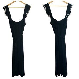 Loft Elegant Midi belted Black Dress with white Embellished Sleeves Size XL